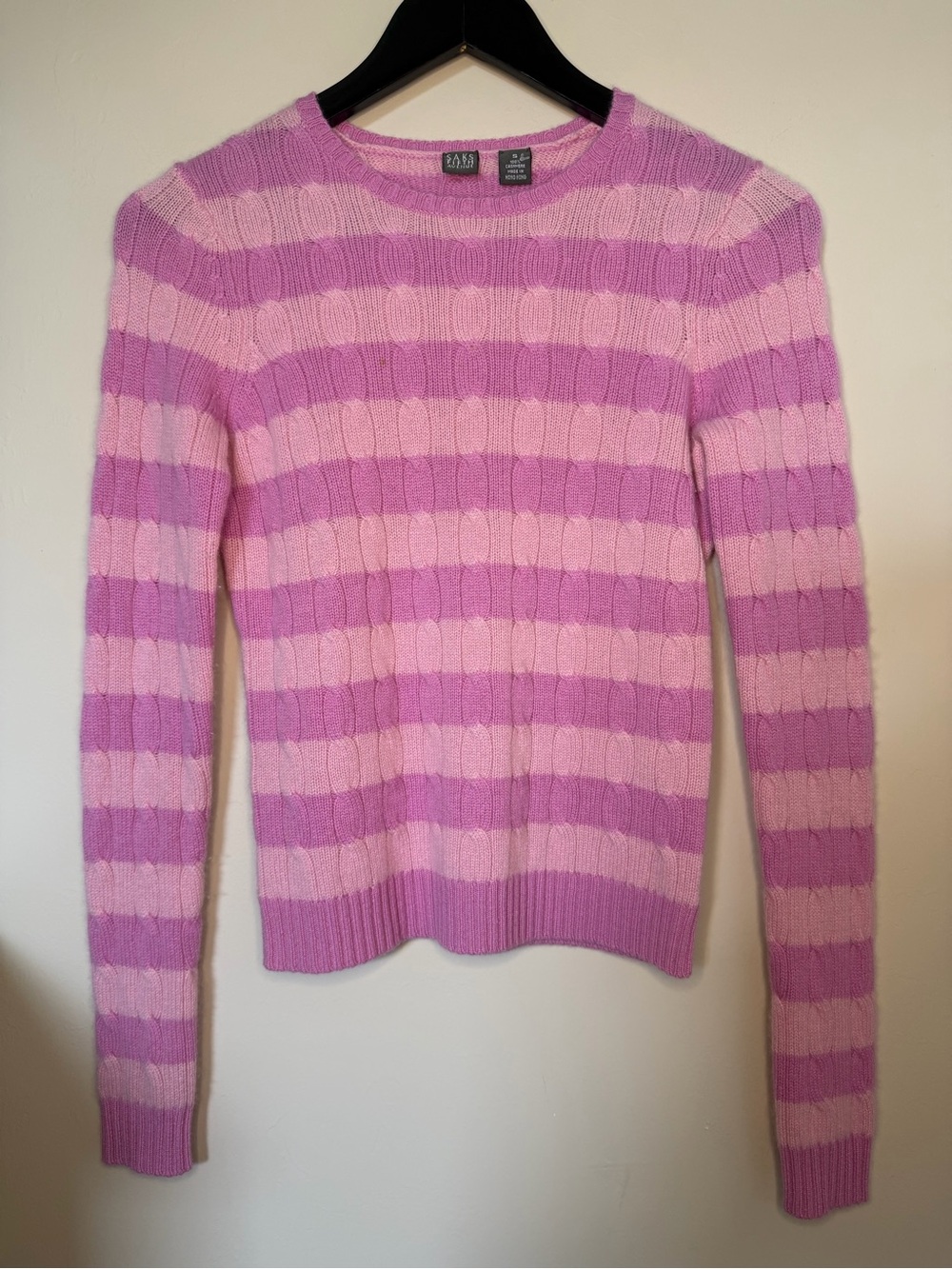 Saks Fifth Avenue Pink Striped Cable Crewneck Sweater